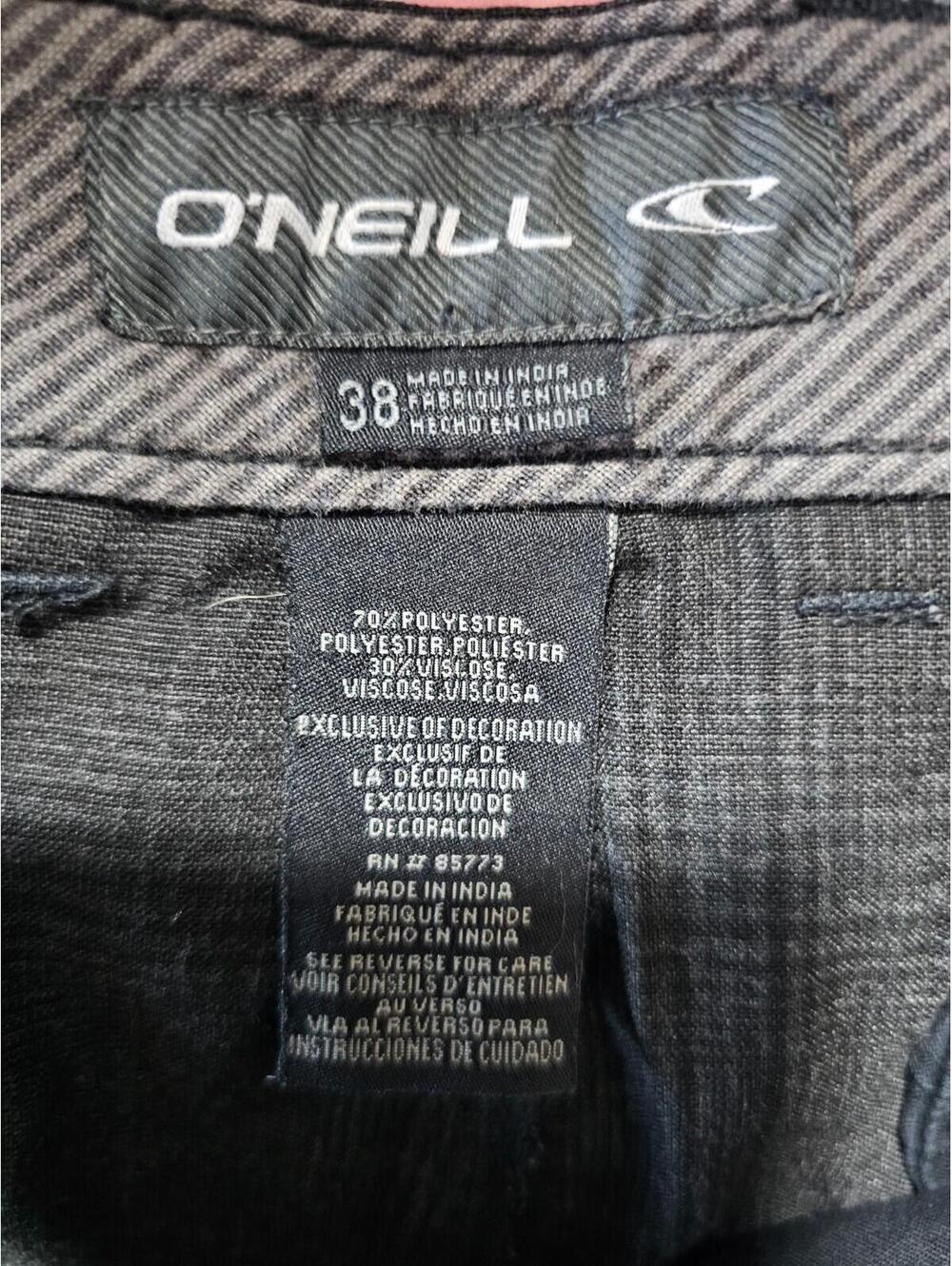 Men's O'Neill Board Shorts Striped Check Size 38 Black & Gray Pockets Flat Front - Picture 3 of 7